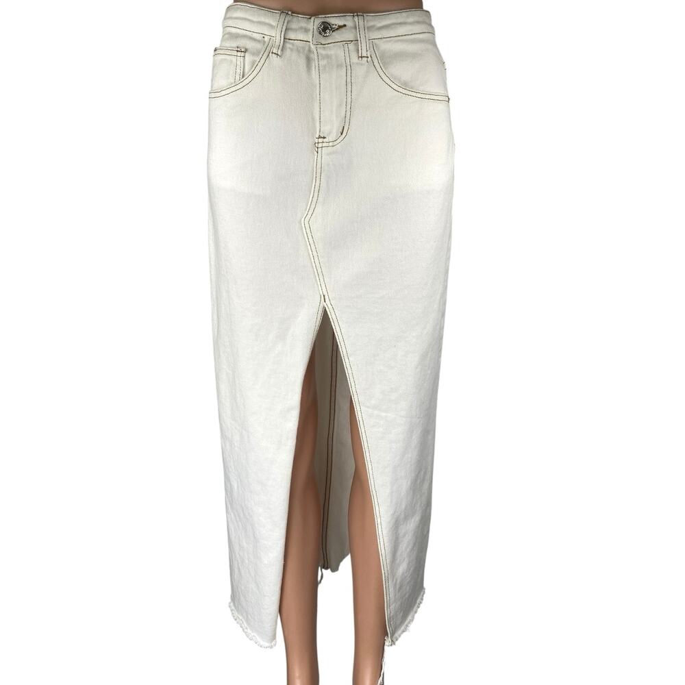 White Fox Women's White High Waisted Split Front Midi Denim Jean Skirt Size XS